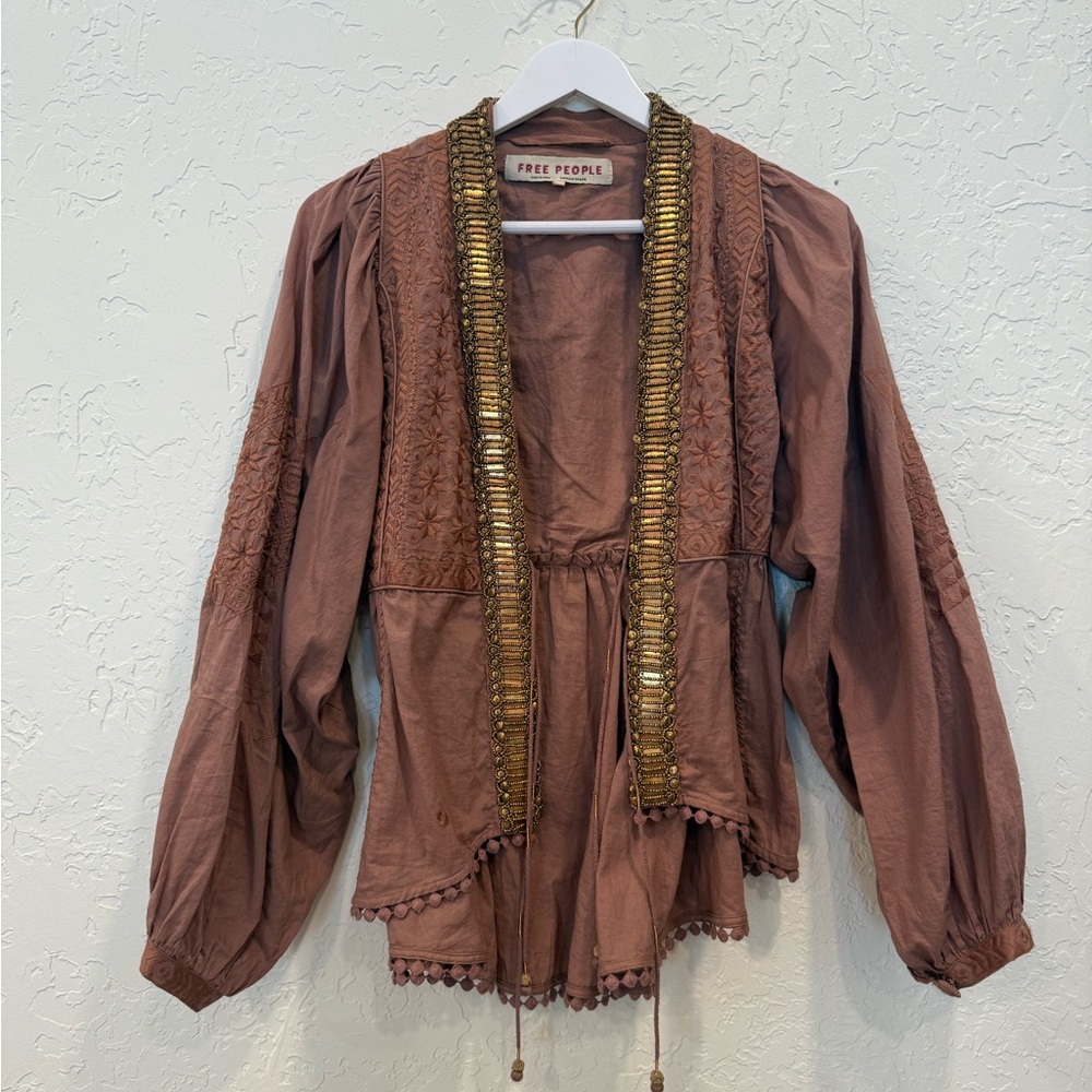 Free People Tan Blouse with Gold Embellishments